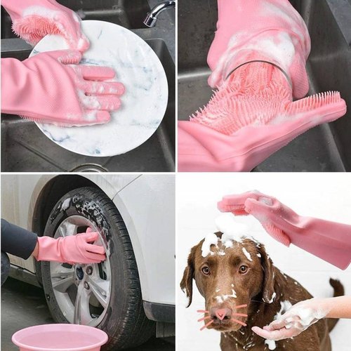 Kitchen Magic Silicone Dishwashing Gloves Cleaning Scrub Sponge Scrubbing